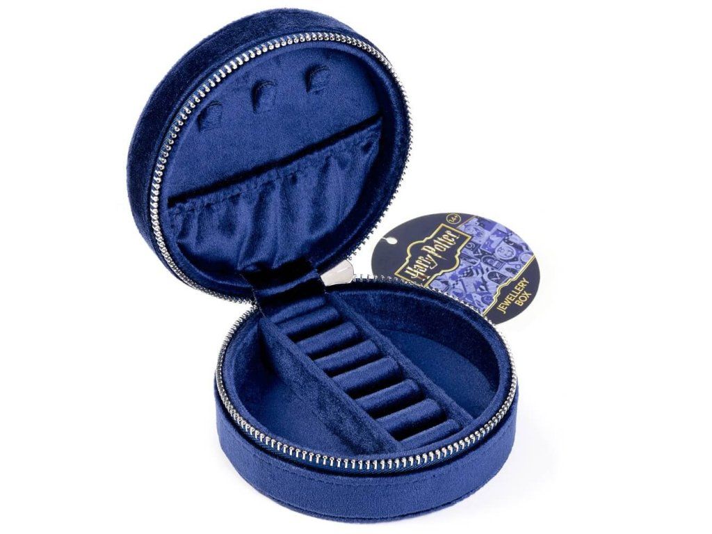 Harry Potter šperkovnice Relikvie smrti - sametová šperkovnice s výšivkou Death Hallows, pohled zepředu