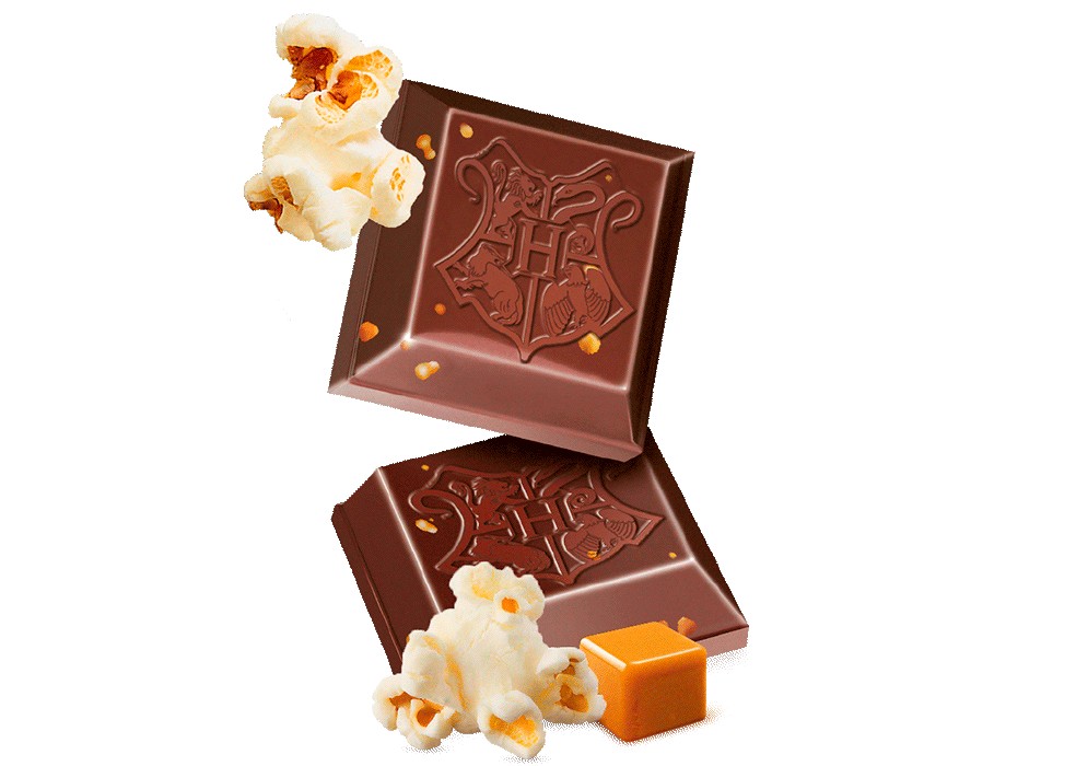 Harry Potter čokoláda Karamelizovaný popcorn - detail kúskov s erbom