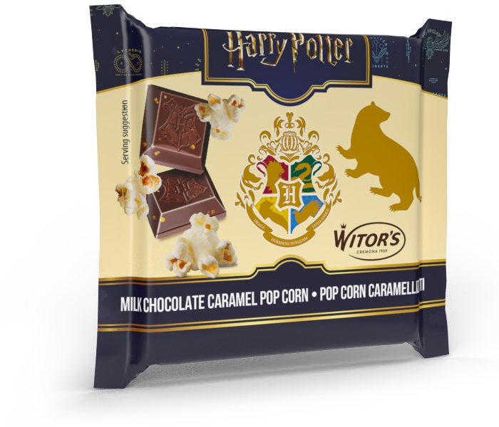 Harry Potter čokoláda Karamelizovaný popcorn - obal s Rokfortským erbom